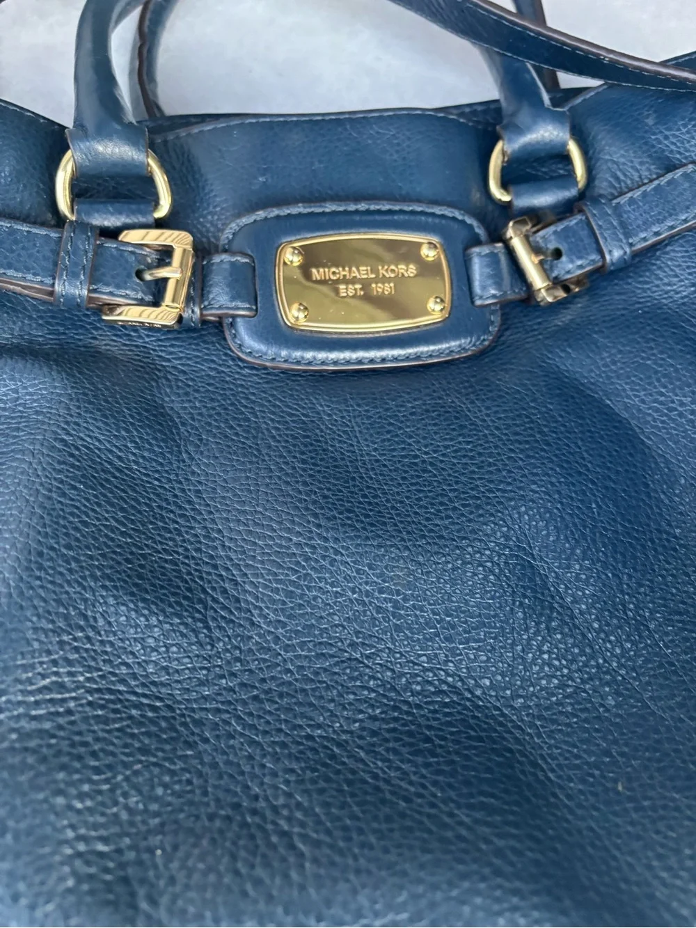 Michael Kors Dark Navy Pebbled Leather Satchel with Gold Hardware